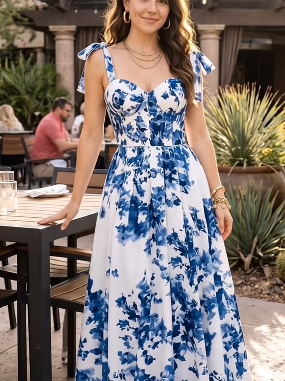 White and Blue Floral Tie-Shoulder Maxi Dress L